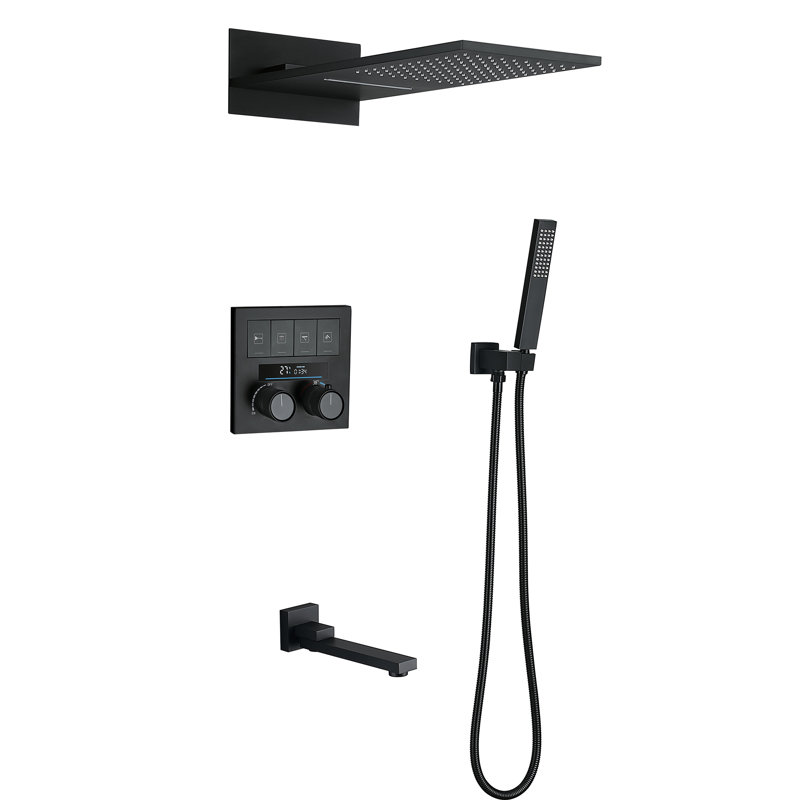 Tête de douche thermostatique à pluie et cascade avec douchette et robinet de baignoire avec valve brute, Noir mat