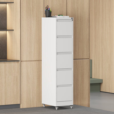Vertical File Cabinet With 5 Drawers On Wheels, Metal Storage For A4/Letter/Legal Size Folders, White, 17.71"D*14.84"W*65.01"H, Lockable Easy To Clean Surface Documents, Smooth Coating Finish