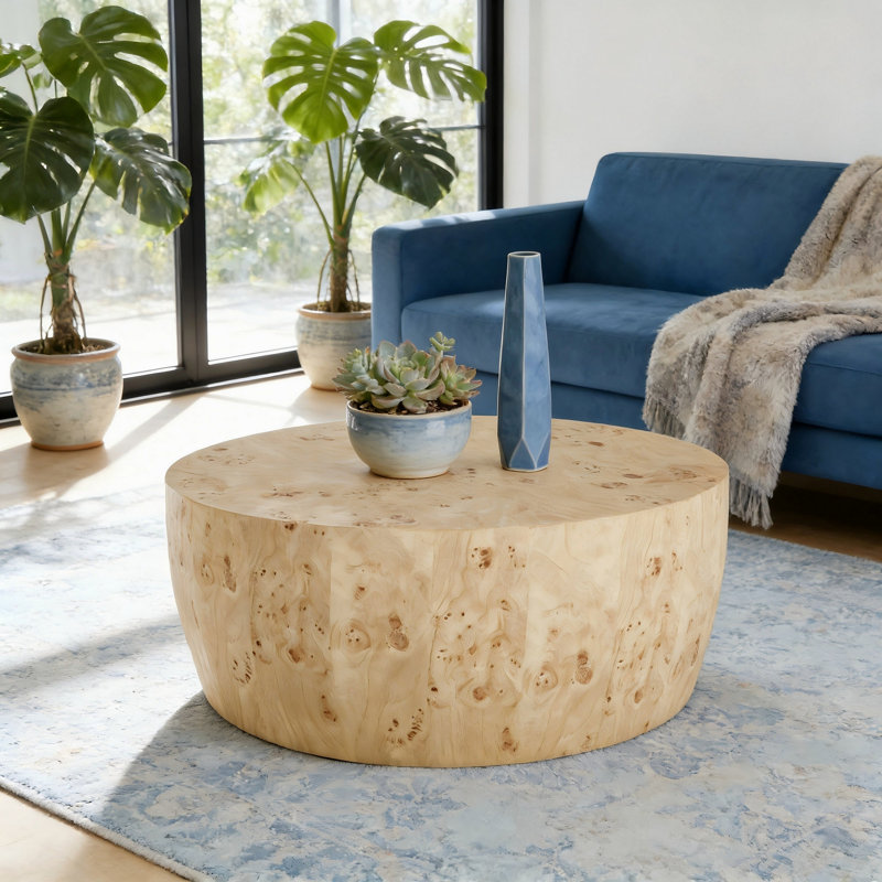 Table basse cylindrique de 34,65 po en bois aggloméré de haute qualité de couleur naturelle, table basse industrielle moderne entièrement assemblée, idéale pour la maison et la cuisine
