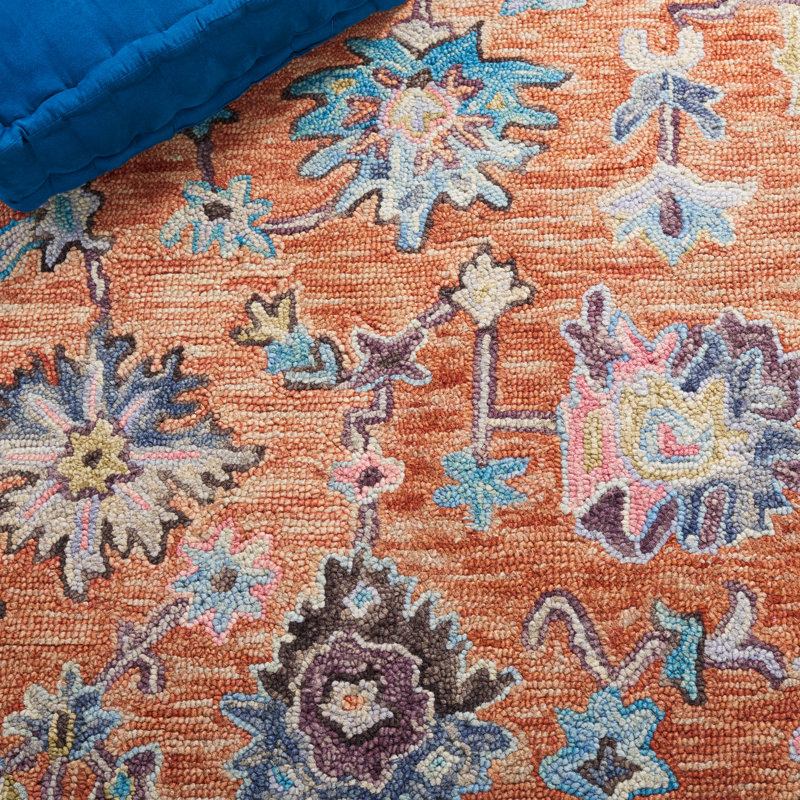 Kalja Hand Tufted Wool/Cotton Oriental Rug in Rust/Blue, Rectangle 9' x 12'
