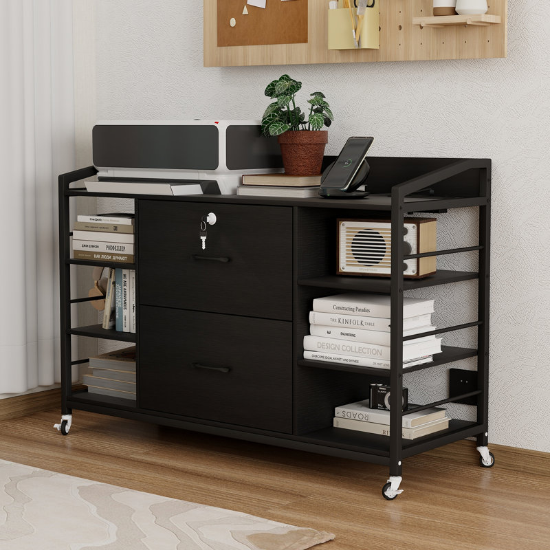 Classeur latéral verrouillable 44 po avec tablettes et tiroirs de rangement, Noir, noir, noir, noir