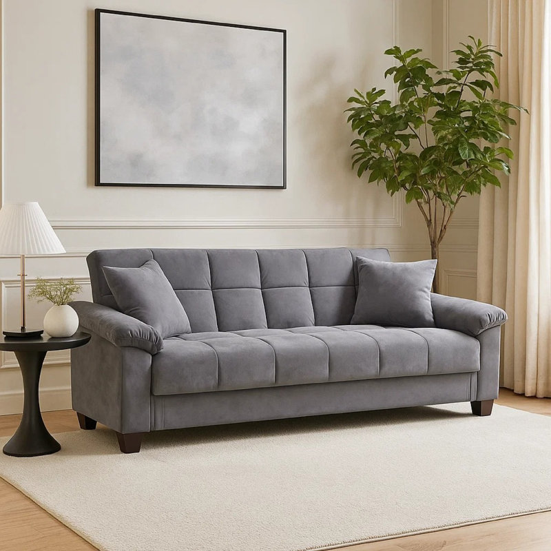 Tahira Convertible Sofa With Tapered Legs, Grey Box-Tufted Microfiber