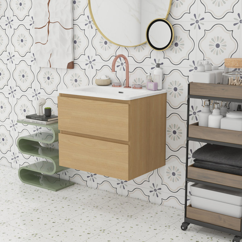 Meuble-lavabo à trois trous en céramique, Chêne
