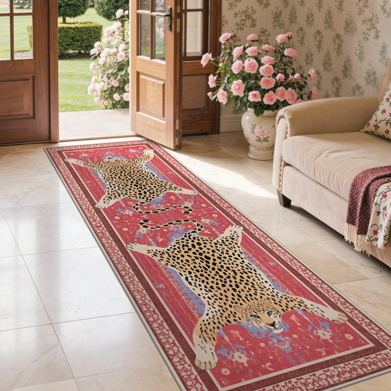 Tapis rose à imprimé léopard Alinda, Tapis de couloir 2 pi 6 po x 8 pi, Pink