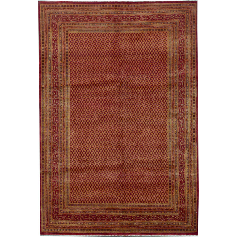 Tapis doré et rouge noué à la main de haute qualité, Rectangle 6 pi 8 po x 9 pi 8 po