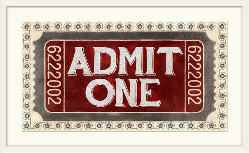 Admit One par Banducci - publicité imprimée, Cadre blanc, H 32 po x l 56 po x P 1 po
