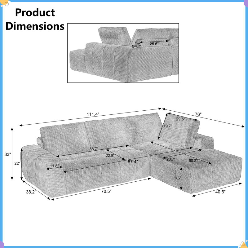 Canapé en chenille: canapé-lit modulaire kaki, aucun assemblage requis, Orienté à droite