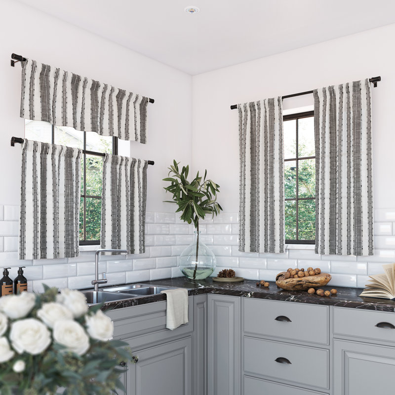 Archaeo Akari Slub Textured Linen Blend Semi-Sheer Grommet Kitchen Curtain Valance and Tier Pair, Black/White, 52" H x 45" W