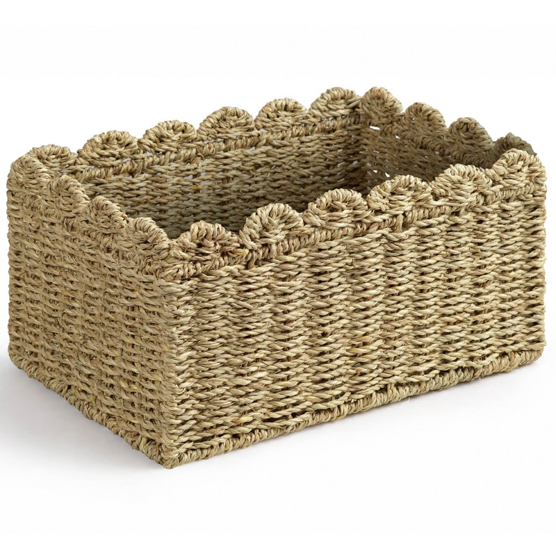 Abercromby Seagrass Basket, 12.6 x 8.7 x 6.7 Inches, Gray Brown with Scallop Edge – Woven Storage Tray for Bathroom Towels, Closet Shelves, or Nursery Toys