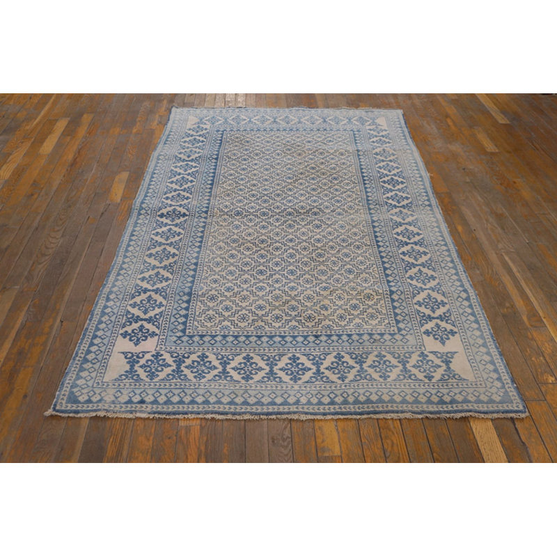 Small Allover Geometric White Blue Color Antique Cotton Pile Indian Agra Rug