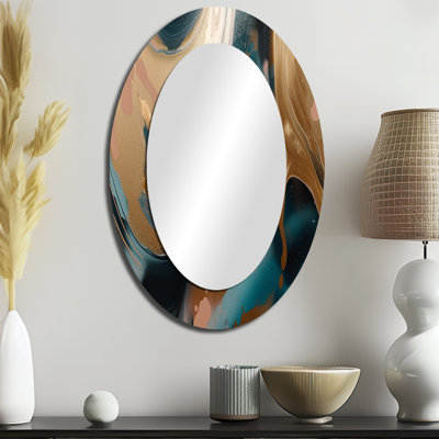 Gold And Green Marbled Euphoria II - Abstract Oval Decorative Mirror On Metal