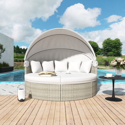 Patio Furniture Round Outdoor Sectional Sofa Set Rattan Daybed Two-Tone Weave Sunbed With Retractable Canopy, Separate Seating，Adjustable Table And Removable Gray Cushion