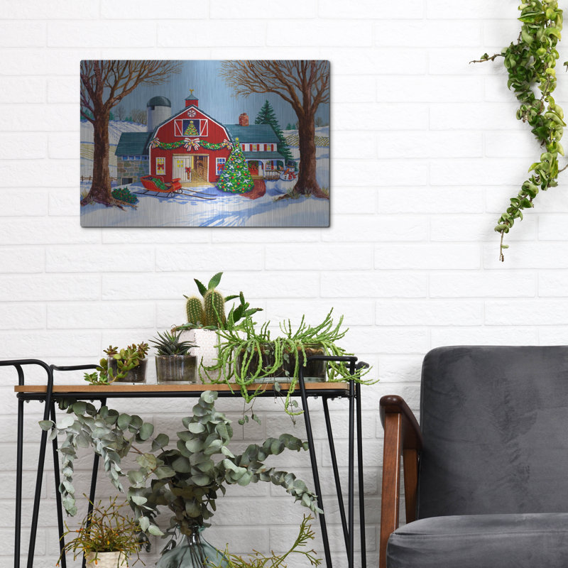  «The Red Sleigh Barn» par Geraldine Aikman, art mural en métal, 16 po x 12 po, H 12 po x l 16 po