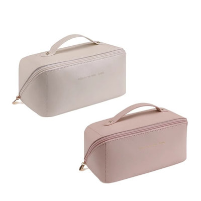 Stylish Ins Fashion Cosmetic Bag, Large Capacity Waterproof PU Makeup Organizer With Easy Access Wide Opening For Travel And Daily Use,White And Pink