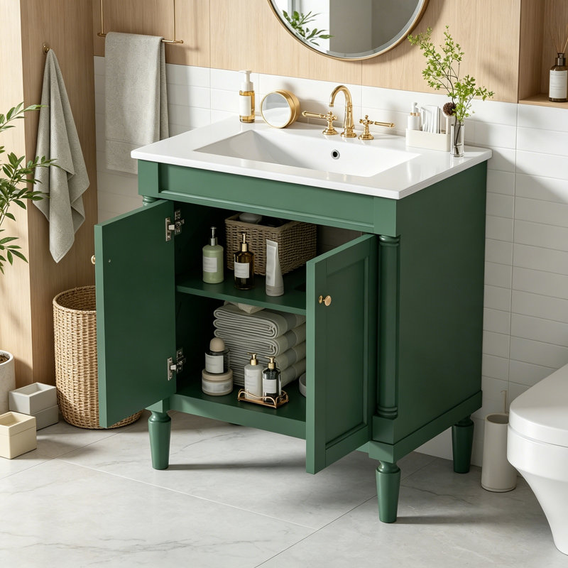 Meuble-lavabo de salle de bain avec lavabo en céramique, portes à fermeture douce et pieds en bois, Green