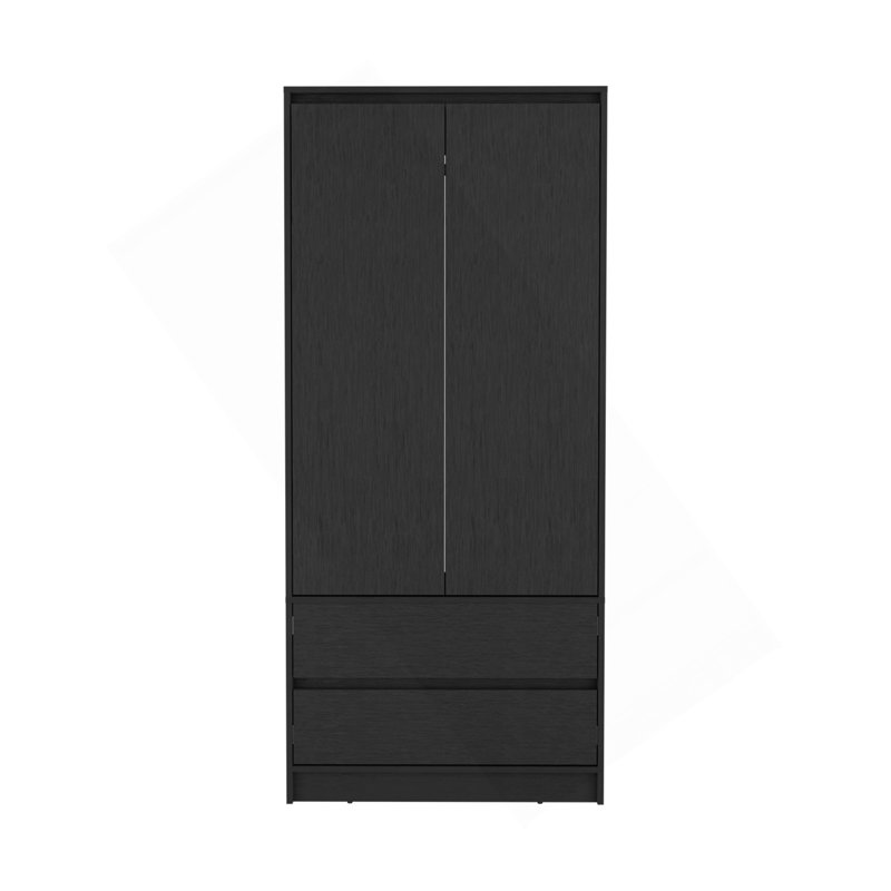 Armoire, garde-robe avec deux tiroirs, tringle, noir, Noir