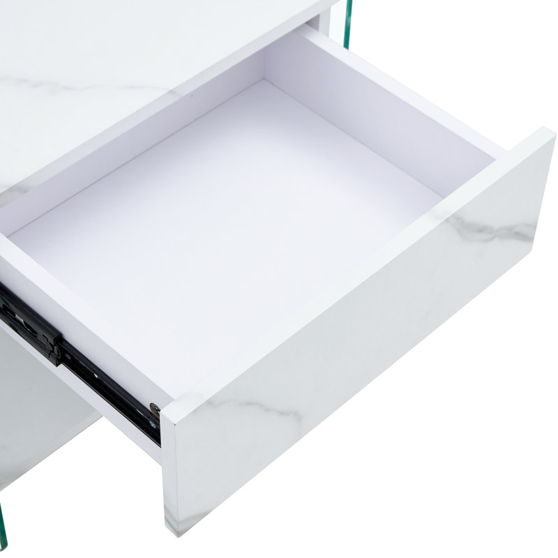 Table de chevet avec tiroirs: plateau en panneau de fibres à densité moyenne, côtés en verre transparent, design simple et élégant, solutions de rangement polyvalentes (109 caractères)