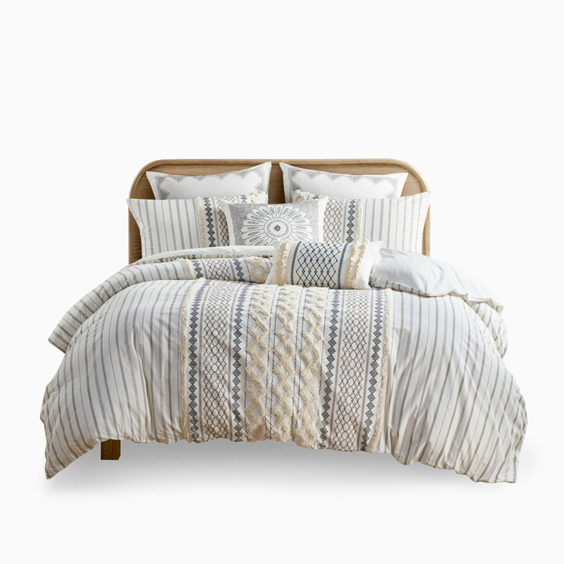 Ensemble de housse de couette en coton avec chenille, Très grand lit / Très grand lit californien, Beige