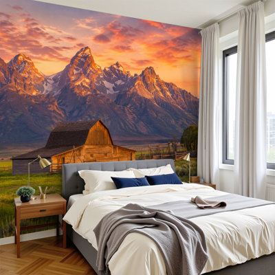 Peel and Stick Wallpaper Self-Adhesive Wall Mural Log Cabin Nature Wilderness Landscape Painting Rustic Wooden Barn Snow Wall Murals 100"H x 144"W Wall Decor for Bedroom Home Office