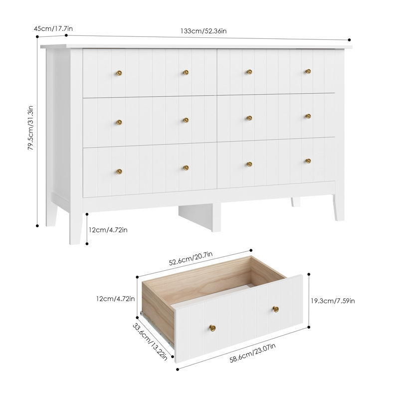 Commode double en bois manufacturé à 6 tiroirs de 52,36 po Arcel, Blanc