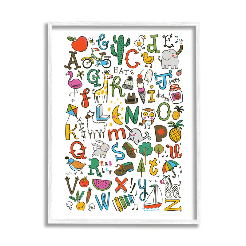 Infantile Alphabet With Illustration, H 16 po x l 20 po, Giclée encadrée blanc bord de mer