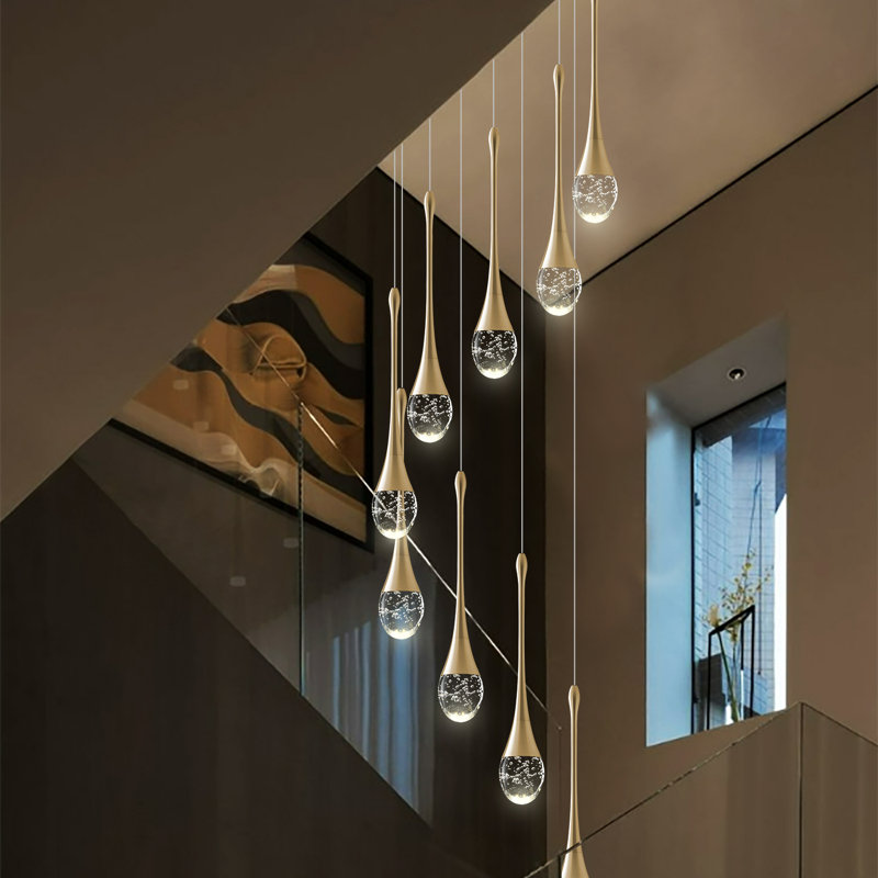 9-Lights Gold Crystal Bubble Staircase Chandeliers 100" High Ceiling Pendant Light Dimminable