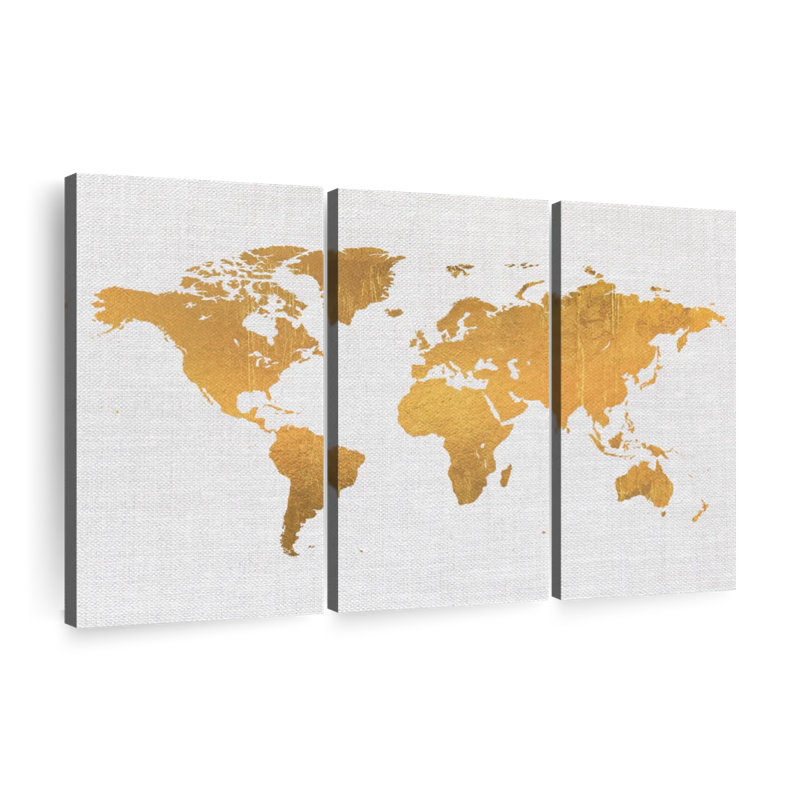 " Light Gold World Map Multi Piece Canvas Print " by Enchanté Designs 3 - Pieces, 36" H x 57" W x 1.25" D