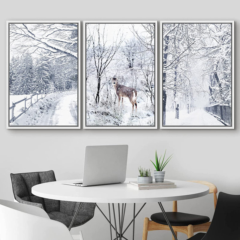 Photographie de cadre flottant 3 pièces Winter, H 36 po x l 72 po x P 1,5 po, Blanc
