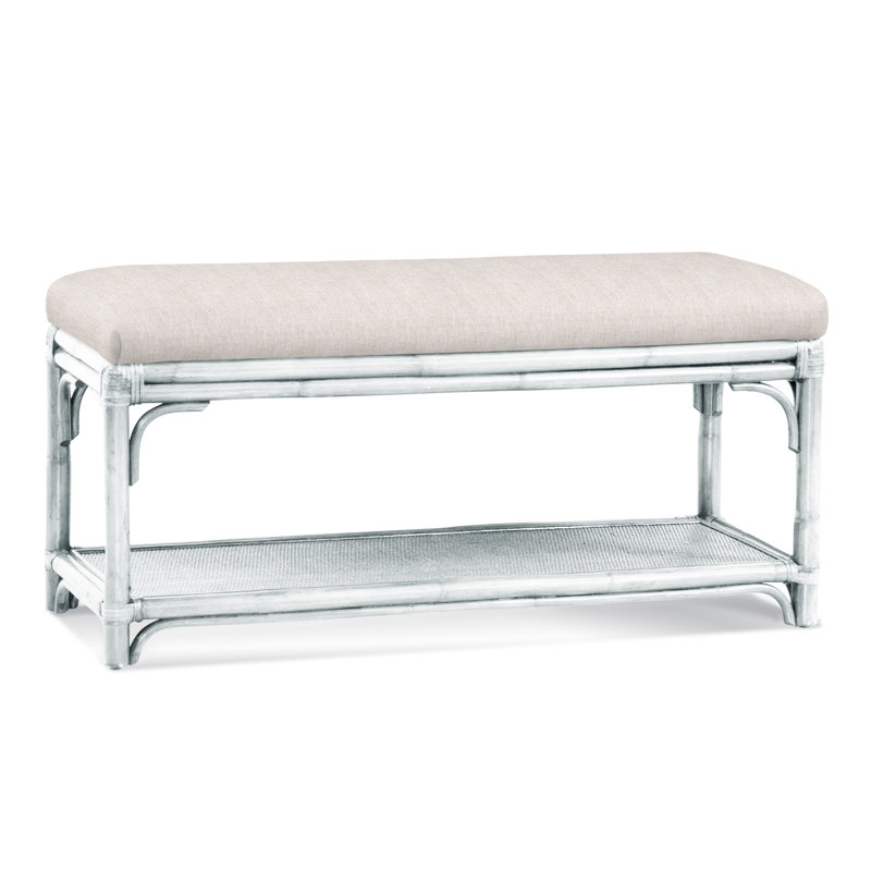 Summer Retreat Wicker Shelf Storage Bench, Frost White, Green and Blue Stripe; 0252-54