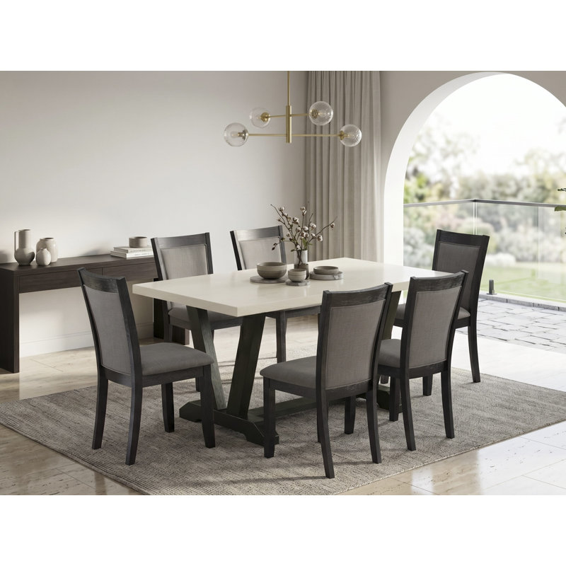 7 Piece Table Set - A Linen White Top Dinner Table with Trestle Base and 6 Dark Gotham Grey Linen Fabric Parson Chairs - Wire Brushed Black Finish