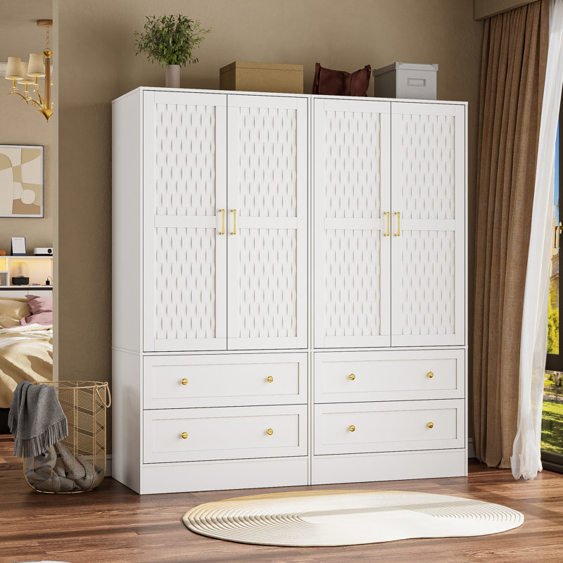 White MDF Freestanding Armoire Wardrobe Closet with Woven Doors