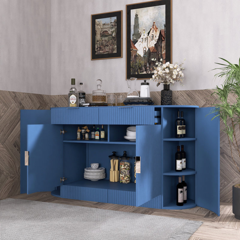 Armoire de rangement moderne 55,1 po avec 2 portes et 2 tiroirs - porte latérale incurvée et tablettes à 3 niveaux, Marine