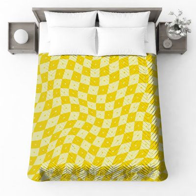 Yellow Wavy Checkerboard Quilted Bedspread All Sizes