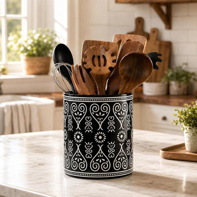 7-inch heavy-duty kitchen countertop ceramic cutlery rack, oversized pottery jar with white bohemian pattern, black