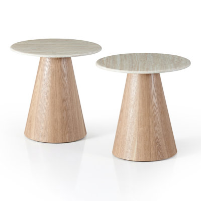 Souliere Sintered Stone Top Pedestal End Table With Travertine Look
