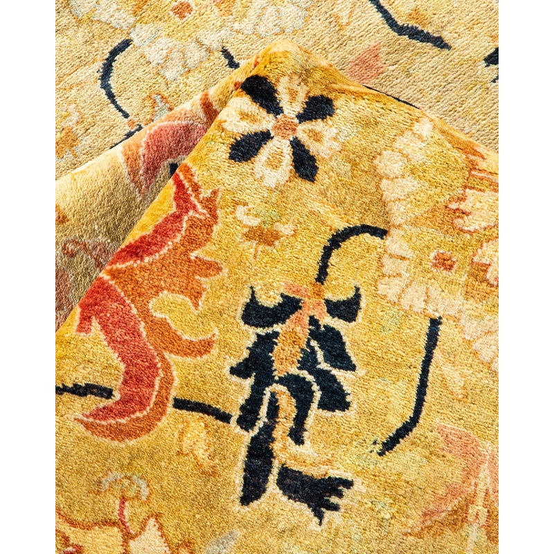 Tapis unique jaune / noir / rouge noué à la main Gamar de conception unique 6 pi 3 po x 8 pi 10 po Gamar