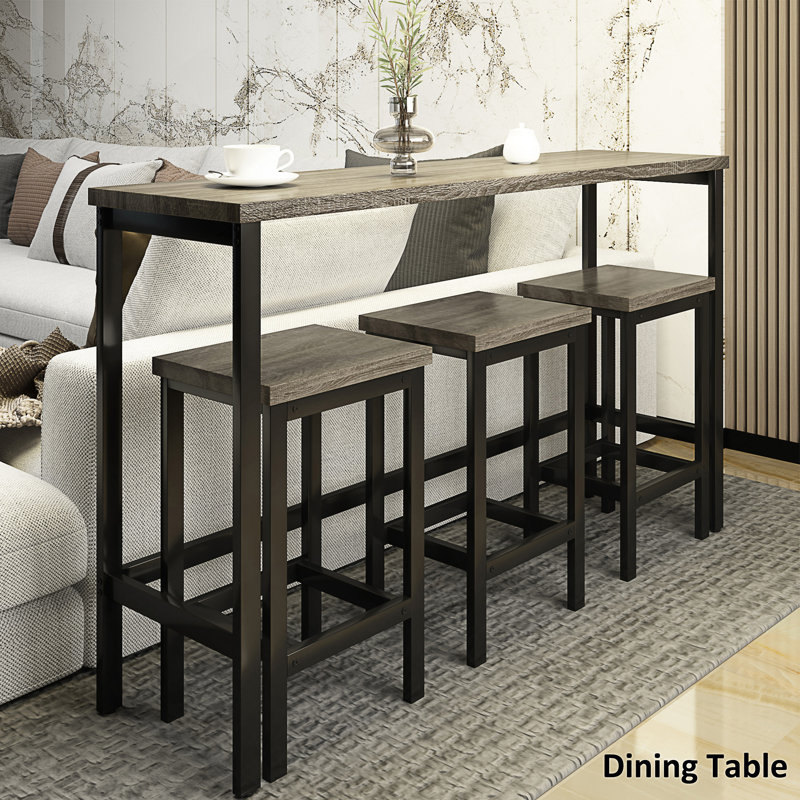 Keiera Modern Design Kitchen Dining Table, Pub Table, Long Dining Table Set with 3 Stools, Gray, Gray