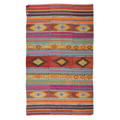 Tapis 100% laine tissé à la main 5,8 pi x 9,3 pi Kilim, géométrique et rayé