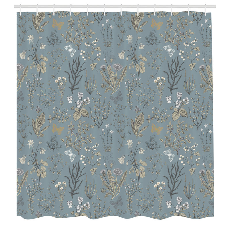 Dark Cadet Blue Floral Fabric Shower Curtain with Hooks