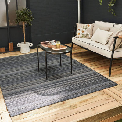 Rainbow Collection Outdoor Rug Striped Design in Dark Grey