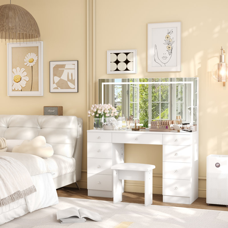 47"W Glass Top Vanity Set With LED Mirror & Power Outlets, 9 Drawers With Diamond Handles, White