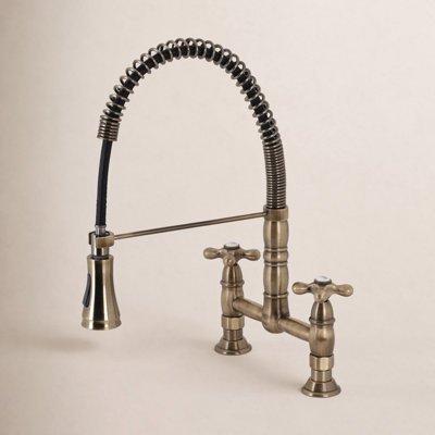Kingston Brass Heritage Double-Handle 2-Hole Deck-Mount Pre-Rinse Bridge Kitchen Faucet