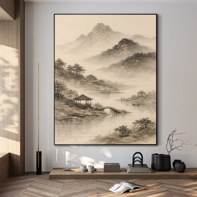 Très grand reproduction d'art sur toile - Paysage asiatique rétro avec montagnes brumeuses et pavillon Riverside pour le salon - «Assemblage requis du cadre (cadre non fini)»