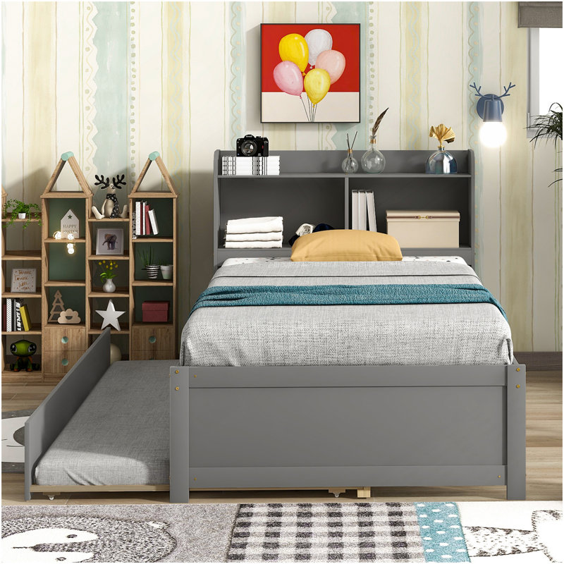 Twin Bed With Trundle,Bookcase,Grey, Twin, Gray