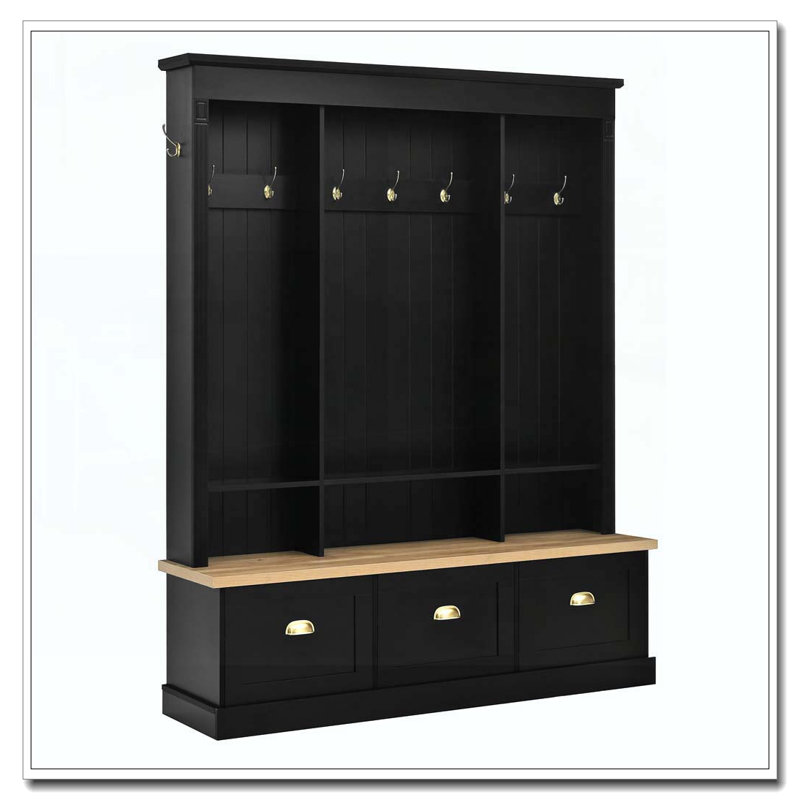 Elegant APP Controlled LED Light Hall Tree with 9 Hooks, Roman Column Design Natural Storage Bench with 3 Large Cabinets