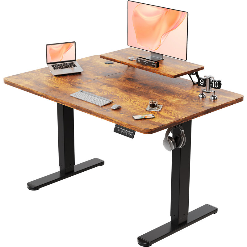T-Shape Electric Standing Desk With Monitor Stand Memory Smart Pannel Home Office Desk, 140 W x 60 D, Rustic Brown, Black