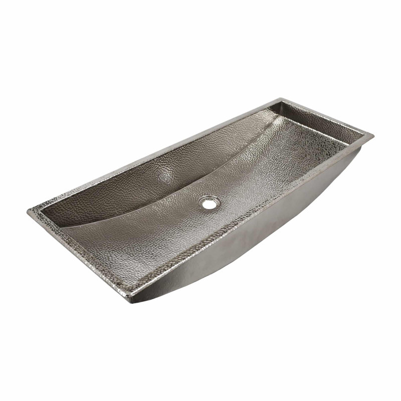 36" Hand-Hammered Copper Trough Rectangular Dual Mount Bathroom Sink, Polished Nickel