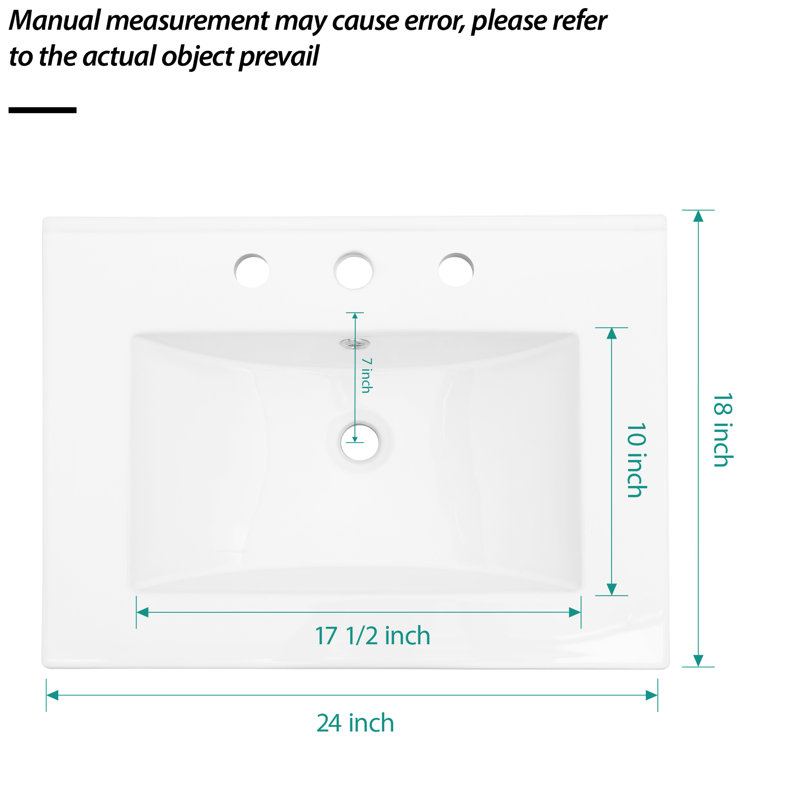 Plateau de meuble-lavabo blanc en céramique 24 po x 18 po - résistance aux taches, protection contre les débordements, 3 trous de robinet, généreux et spacieux