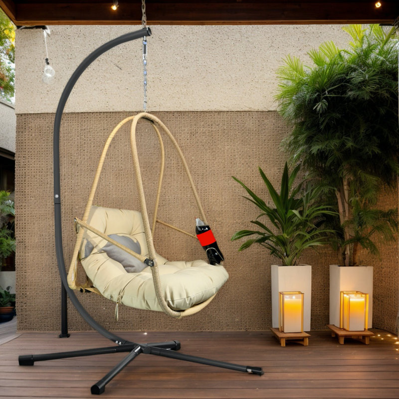 Swing Egg Chair with Stand for Indoor/Outdoor, Foldable Wicker Rattan Patio Egg Swing Chairs ,Hammock Egg Chair with C Type Bracket,UV Resistant Cushion and Pillow  , 350 Lbs Capacity(Beige)