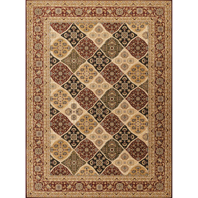Pavillon rouge 2 pi Tapis X 3 avec motifs floraux et à panneaux, polypropylène fabriqué à la machine, envers en jute, idéal pour les entrées de salle à manger
